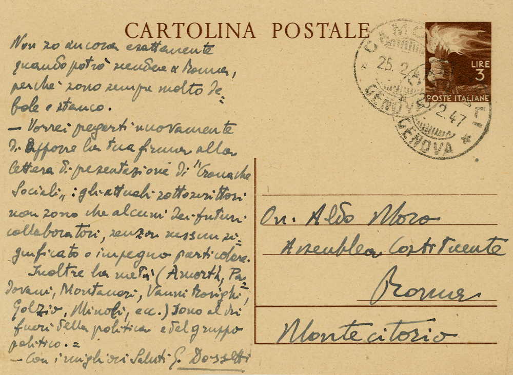 Cartolina postale di Giuseppe Dossetti (verso)